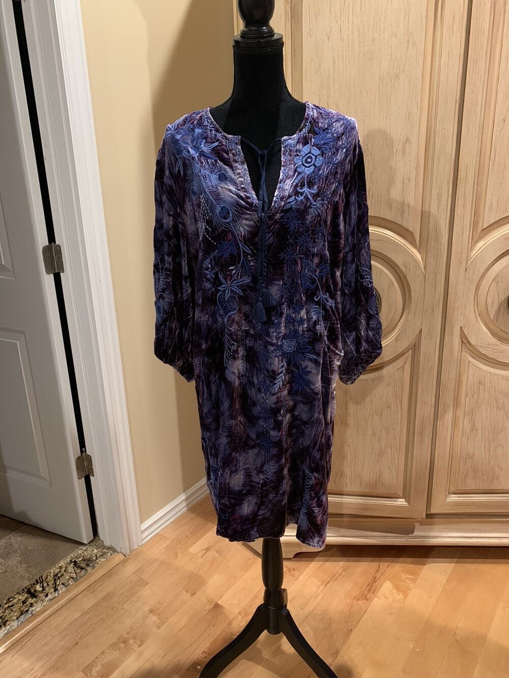 Johnny Was JWLA Blue Azure Velvet Embroidered Relaxed Dress NWT